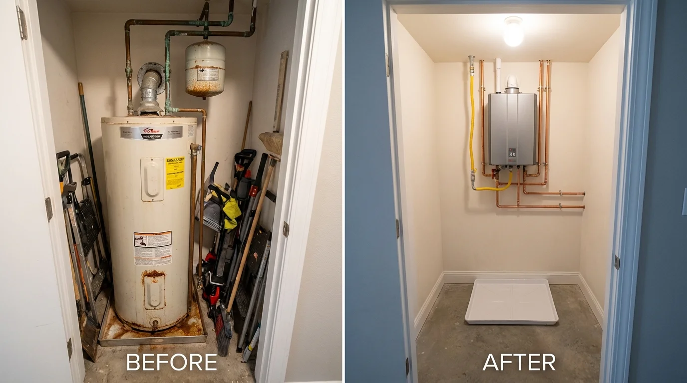 Tank water heater versus wall-mounted tankless unit comparison for Oxford, KS homeowners